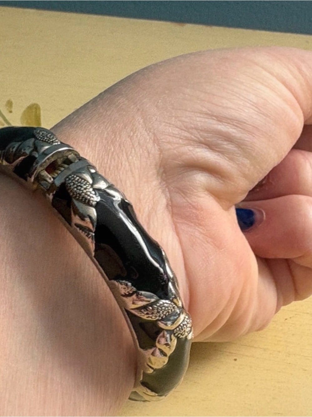Ladies Black Silver-Tone Hinged Bracelet - Classic Snake Design